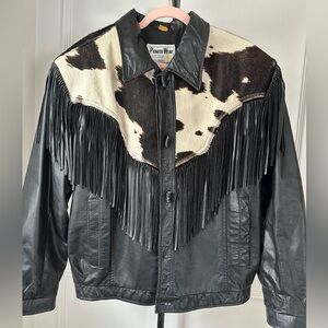 PIONEER WEAR Vintage Black Leather Fringe Jacket with Cowhide Yoke Size XL